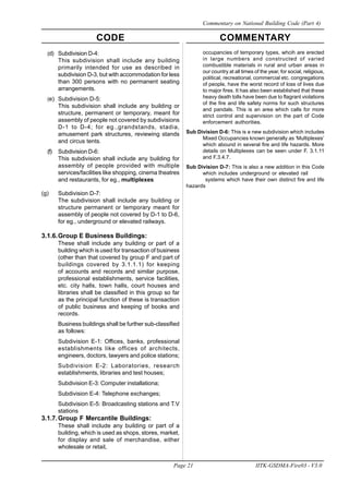 CODE COMMENTARY
Page 21 IITK-GSDMA-Fire03 - V3.0
Commentary on National Building Code (Part 4)
(d) Subdivision D-4:
This subdivision shall include any building
primarily intended for use as described in
subdivision D-3, but with accommodation for less
than 300 persons with no permanent seating
arrangements.
(e) Subdivision D-5:
This subdivision shall include any building or
structure, permanent or temporary, meant for
assembly of people not covered by subdivisions
D-1 to D-4; for eg.,grandstands, stadia,
amusement park structures, reviewing stands
and circus tents.
(f) Subdivision D-6:
This subdivision shall include any building for
assembly of people provided with multiple
services/facilities like shopping, cinema theatres
and restaurants, for eg., multiplexes
(g) Subdivision D-7:
The subdivision shall include any building or
structure permanent or temporary meant for
assembly of people not covered by D-1 to D-6,
for eg., underground or elevated railways.
3.1.6.Group E Business Buildings:
These shall include any building or part of a
building which is used for transaction of business
(other than that covered by group F and part of
buildings covered by 3.1.1.1) for keeping
of accounts and records and similar purpose,
professional establishments, service facilities,
etc. city halls, town halls, court houses and
libraries shall be classified in this group so far
as the principal function of these is transaction
of public business and keeping of books and
records.
Business buildings shall be further sub-classified
as follows:
Subdivision E-1: Offices, banks, professional
establishments like offices of architects,
engineers, doctors, lawyers and police stations;
Subdivision E-2: Laboratories, research
establishments, libraries and test houses;
Subdivision E-3: Computer installationa;
Subdivision E-4: Telephone exchanges;
Subdivision E-5: Broadcasting stations and T.V
stations
3.1.7.Group F Mercantile Buildings:
These shall include any building or part of a
building, which is used as shops, stores, market,
for display and sale of merchandise, either
wholesale or retail,
occupancies of temporary types, whcih are erected
in large numbers and constructed of varied
combustible materials in rural and urban areas in
our country at all times of the year, for social, religious,
political, recreational, commercial etc. congregations
of people, have the worst record of loss of lives due
to major fires. It has also been established that these
heavy death tolls have been due to flagrant violations
of the fire and life safety norms for such structures
and pandals. This is an area which calls for more
strict control and supervision on the part of Code
enforcement authorities.
Sub Division D-6: This is a new subdivision which includes
Mixed Occupancies known generally as ‘Multiplexes’
which abound in several fire and life hazards. More
details on Multiplexes can be seen under F. 3.1.11
and F.3.4.7.
Sub Division D-7: This is also a new addition in this Code
which includes underground or elevated rail
systems which have their own distinct fire and life
hazards
 