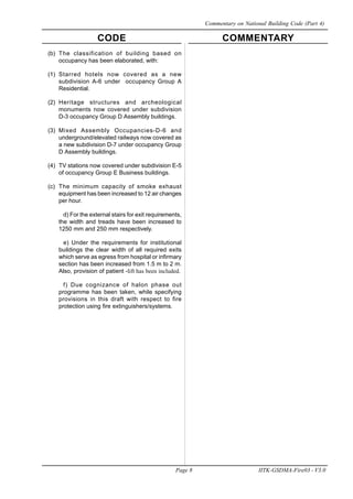 CODE COMMENTARY
Page 8 IITK-GSDMA-Fire03 - V3.0
Commentary on National Building Code (Part 4)
(b) The classification of building based on
occupancy has been elaborated, with:
(1) Starred hotels now covered as a new
subdivision A-6 under occupancy Group A
Residential.
(2) Heritage structures and archeological
monuments now covered under subdivision
D-3 occupancy Group D Assembly buildings.
(3) Mixed Assembly Occupancies-D-6 and
underground/elevated railways now covered as
a new subdivision D-7 under occupancy Group
D Assembly buildings.
(4) TV stations now covered under subdivision E-5
of occupancy Group E Business buildings.
(c) The minimum capacity of smoke exhaust
equipment has been increased to 12 air changes
per hour.
d) For the external stairs for exit requirements,
the width and treads have been increased to
1250 mm and 250 mm respectively.
e) Under the requirements for institutional
buildings the clear width of all required exits
which serve as egress from hospital or infirmary
section has been increased from 1.5 m to 2 m.
Also, provision of patient -lift has been included.
f) Due cognizance of halon phase out
programme has been taken, while specifying
provisions in this draft with respect to fire
protection using fire extinguishers/systems.
 