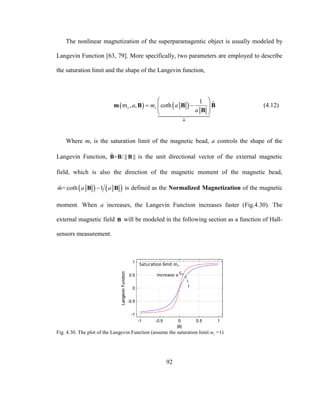 92
The nonlinear magnetization of the superparamagentic object is usually modeled by
Langevin Function [63, 79]. More specifically, two parameters are employed to describe
the saturation limit and the shape of the Langevin function,
   
ˆ
1 ˆm , , coths s
m
a m a
a
 
   
 
m B B B
B
(4.12)
Where ms is the saturation limit of the magnetic bead, a controls the shape of the
Langevin Function, ˆ = / || ||B B B is the unit directional vector of the external magnetic
field, which is also the direction of the magnetic moment of the magnetic bead,
   ˆ =coth 1m a aB B is defined as the Normalized Magnetization of the magnetic
moment. When a increases, the Langevin Function increases faster (Fig.4.30). The
external magnetic field B will be modeled in the following section as a function of Hall-
sensors measurement.
Fig. 4.30. The plot of the Langevin Function (assume the saturation limit sm =1)
 