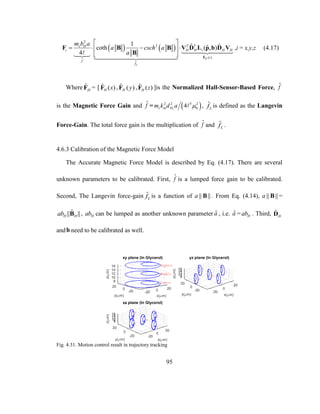 95
   
2
2
ˆ ( )
ˆ
ˆ
1 ˆ ˆˆcoth ( , )
4
H
L
T Ts H
i H H i H H
i
f
f
m b a
a csch a
a
 
    
   F
F B B V D L p b D V
B
,i = x,y,z (4.17)
Where ˆ
HF = [ ˆ ( )H xF , ˆ ( )H yF , ˆ ( )H zF ]is the Normalized Hall-Sensor-Based Force, ˆf
is the Magnetic Force Gain and ˆf =  1
2 2 5 2
04s m Hm k d a  , ˆ
Lf is defined as the Langevin
Force-Gain. The total force gain is the multiplication of ˆf and ˆ
Lf .
4.6.3 Calibration of the Magnetic Force Model
The Accurate Magnetic Force Model is described by Eq. (4.17). There are several
unknown parameters to be calibrated. First, ˆf is a lumped force gain to be calibrated.
Second, The Langevin force-gain ˆ
Lf is a function of || ||a B . From Eq. (4.14), || ||a B =
ˆ|| ||H Hab B , Hab can be lumped as another unknown parameter ˆa , i.e. ˆa = Hab . Third, ˆ
HD
andb need to be calibrated as well.
Fig. 4.31. Motion control result in trajectory tracking
 