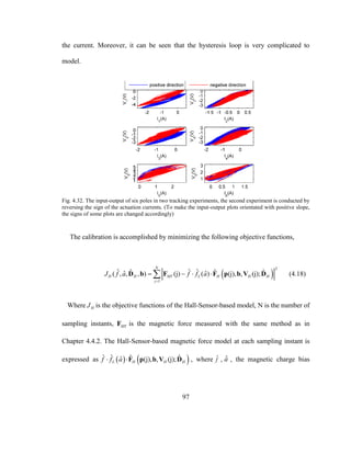 97
the current. Moreover, it can be seen that the hysteresis loop is very complicated to
model.
Fig. 4.32. The input-output of six poles in two tracking experiments, the second experiment is conducted by
reversing the sign of the actuation currents. (To make the input-output plots orientated with positive slope,
the signs of some plots are changed accordingly)
The calibration is accomplished by minimizing the following objective functions,
 
2
1
ˆ ˆ ˆˆ ˆ ˆˆ ˆ( , , , ) (j) ( ) (j), , (j);
N
H H MT L H H H
j
J f a f f a

   D b F F p b V D (4.18)
Where HJ is the objective functions of the Hall-Sensor-based model, N is the number of
sampling instants, MTF is the magnetic force measured with the same method as in
Chapter 4.4.2. The Hall-Sensor-based magnetic force model at each sampling instant is
expressed as    ˆ ˆ ˆ ˆˆ (j), , (j);L H H Hf f a F p b V D , where ˆf , ˆa , the magnetic charge bias
 