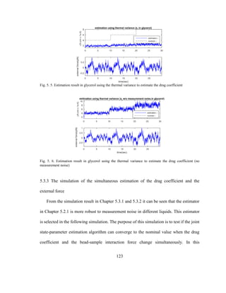 123
Fig. 5. 5. Estimation result in glycerol using the thermal variance to estimate the drag coefficient
Fig. 5. 6. Estimation result in glycerol using the thermal variance to estimate the drag coefficient (no
measurement noise)
5.3.3 The simulation of the simultaneous estimation of the drag coefficient and the
external force
From the simulation result in Chapter 5.3.1 and 5.3.2 it can be seen that the estimator
in Chapter 5.2.1 is more robust to measurement noise in different liquids. This estimator
is selected in the following simulation. The purpose of this simulation is to test if the joint
state-parameter estimation algorithm can converge to the nominal value when the drag
coefficient and the bead-sample interaction force change simultaneously. In this
 
