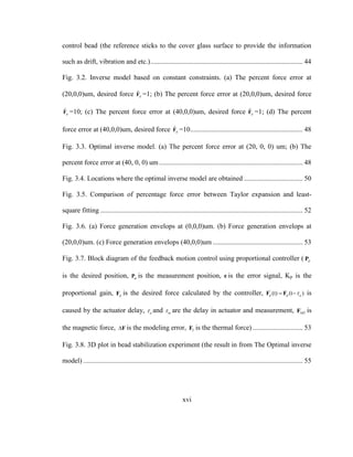 xvi
control bead (the reference sticks to the cover glass surface to provide the information
such as drift, vibration and etc.)........................................................................................ 44
Fig. 3.2. Inverse model based on constant constraints. (a) The percent force error at
(20,0,0)um, desired force ˆ
dF =1; (b) The percent force error at (20,0,0)um, desired force
ˆ
dF =10; (c) The percent force error at (40,0,0)um, desired force ˆ
dF =1; (d) The percent
force error at (40,0,0)um, desired force ˆ
dF =10................................................................. 48
Fig. 3.3. Optimal inverse model. (a) The percent force error at (20, 0, 0) um; (b) The
percent force error at (40, 0, 0) um ................................................................................... 48
Fig. 3.4. Locations where the optimal inverse model are obtained .................................. 50
Fig. 3.5. Comparison of percentage force error between Taylor expansion and least-
square fitting ..................................................................................................................... 52
Fig. 3.6. (a) Force generation envelops at (0,0,0)um. (b) Force generation envelops at
(20,0,0)um. (c) Force generation envelops (40,0,0)um .................................................... 53
Fig. 3.7. Block diagram of the feedback motion control using proportional controller ( dP
is the desired position, mP is the measurement position, e is the error signal, Kp is the
proportional gain, dF is the desired force calculated by the controller, '
(t) (t )d d a F F is
caused by the actuator delay, a and m are the delay in actuator and measurement, MTF is
the magnetic force, F is the modeling error, TF is the thermal force) ............................. 53
Fig. 3.8. 3D plot in bead stabilization experiment (the result in from The Optimal inverse
model) ............................................................................................................................... 55
 
