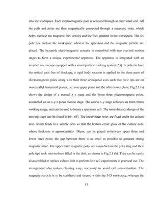 13
into the workspace. Each electromagnetic pole is actuated through an individual coil. All
the coils and poles are then magnetically connected through a magnetic yoke, which
helps increase the magnetic flux density and the flux gradient in the workspace. The six
pole tips enclose the workspace, wherein the specimen and the magnetic particle are
placed. The hexapole electromagnetic actuator is assembled with two overlaid motion
stages to form a unique experimental apparatus. The apparatus is integrated with an
inverted microscope equipped with a visual particle tracking system [55]. In order to have
the optical path free of blockage, a rigid body rotation is applied to the three pairs of
electromagnetic poles along with their three orthogonal axes such that their tips are on
two parallel horizontal planes, i.e., one upper plane and the other lower plane. Fig.2.1 (a)
shows the design of a manual x-y stage and the lower three electromagnetic poles,
assembled on an x-y-z piezo motion stage. The coarse x-y stage achieves an 8mm×8mm
working range, and can be used to locate a specimen cell. The more detailed design of the
moving stage can be found in [64, 65]. The lower three poles are fixed under the culture
dish, which holds live sample cells so that the bottom cover glass of the culture dish,
whose thickness is approximately 100μm, can be placed in-between upper three and
lower three poles; the gap between them is as small as possible to generate strong
magnetic force. The upper three magnetic poles are assembled on the yoke ring and their
pole tips sunk into medium filled in the dish, as shown in Fig.2.1 (b). They can be easily
disassembled to replace culture dish to perform live cell experiments in practical use. The
arrangement also makes cleaning easy, necessary to avoid cell contamination. The
magnetic particle is to be stabilized and steered within the 3-D workspace, whereas the
 