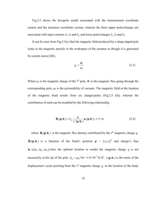18
Fig.2.5 shows the hexapole model associated with the measurement coordinate
system and the actuation coordinate system, wherein the three upper poles/charges are
associated with input currents I2, I4 and I5, and lower poles/charges I1, I3 and I6.
It can be seen from Fig.2.5(c) that the magnetic field produced by a sharp tipped pole
looks to the magnetic particle in the workspace of the actuator as though it is generated
by a point source [66],
0
i
iq


 (2.1)
Where qi is the magnetic charge of the ith
pole, Φi is the magnetic flux going through the
corresponding pole, μ0 is the permeability of vacuum. The magnetic field at the location
of the magnetic bead results from six charges/poles (Fig.2.5 (d)), wherein the
contribution of each can be modeled by the following relationship,
2
( , ) ( , )
( , )
i
i i m i i
i i
q
k
r
B p b u p b
p b
, i=1~6, (2.2)
where ( , )i iB p b is the magnetic flux density contributed by the ith
magnetic charge qi.
( , )i iB p b is a function of the bead’s position p = [x,y,z]T
and charge’s bias
=[ , , ]i i i ix y z  b since the optimal location to model the magnetic charge iq is not
necessarily at the tip of the pole. 0mk    =1.0×10-7
N/A2
. ( , )i ir p b is the norm of the
displacement vector pointing from the ith
magnetic charge iq to the location of the bead,
 