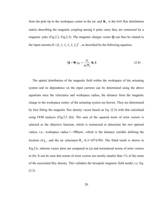 20
from the pole tip to the workspace center in the air, and IK is the 6×6 flux distribution
matrix describing the magnetic coupling among 6 poles since they are connected by a
magnetic yoke (Fig.2.2, Fig.2.3). The magnetic charges vector Q can thus be related to
the input currents, 1 2 3 4 5 6[ ]T
I I I I I II , as described by the following equation,
0
0
c
I
a
N


 

Q Φ K I (2.4)
The spatial distribution of the magnetic field within the workspace of the actuating
system and its dependence on the input currents can be determined using the above
equations once the reluctance and workspace radius, the distance from the magnetic
charge to the workspace center, of the actuating system are known. They are determined
by best fitting the magnetic flux density vector based on Eq. (2.3) with that calculated
using FEM analysis (Fig.2.3 (b)). The sum of the squared norm of error vectors is
selected as the objective function, which is minimized to determine the two optimal
values, i.e., workspace radius 900 m , which is the distance variable defining the
location of iq , and the air reluctance a =6.3×108
A/Wb. The fitted result is shown in
Fig.2.6, wherein vector plots are compared in (a) and normalized norms of error vectors
in (b). It can be seen that norms of error vectors are mostly smaller than 1% of the norm
of the associated flux density. This validates the hexapole magnetic field model, i.e. Eq.
(2.3).
 