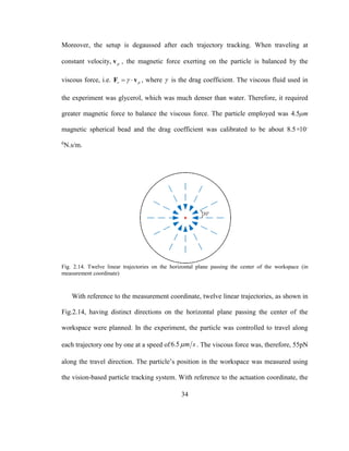 34
Moreover, the setup is degaussed after each trajectory tracking. When traveling at
constant velocity, pv , the magnetic force exerting on the particle is balanced by the
viscous force, i.e. v p F v , where  is the drag coefficient. The viscous fluid used in
the experiment was glycerol, which was much denser than water. Therefore, it required
greater magnetic force to balance the viscous force. The particle employed was 4.5μm
magnetic spherical bead and the drag coefficient was calibrated to be about 8.5×10-
6
N.s/m.
Fig. 2.14. Twelve linear trajectories on the horizontal plane passing the center of the workspace (in
measurement coordinate)
With reference to the measurement coordinate, twelve linear trajectories, as shown in
Fig.2.14, having distinct directions on the horizontal plane passing the center of the
workspace were planned. In the experiment, the particle was controlled to travel along
each trajectory one by one at a speed of6.5 m s . The viscous force was, therefore, 55pN
along the travel direction. The particle’s position in the workspace was measured using
the vision-based particle tracking system. With reference to the actuation coordinate, the
 