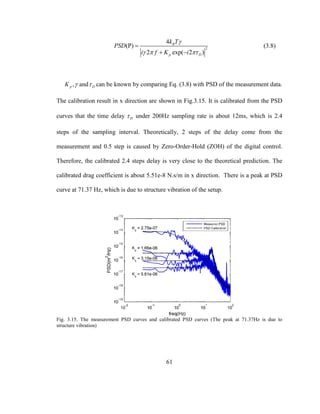 61
2
4
(P)
2 exp( 2 )
B
p D
k T
PSD
i f K i

  

 
(3.8)
pK , and D can be known by comparing Eq. (3.8) with PSD of the measurement data.
The calibration result in x direction are shown in Fig.3.15. It is calibrated from the PSD
curves that the time delay D under 200Hz sampling rate is about 12ms, which is 2.4
steps of the sampling interval. Theoretically, 2 steps of the delay come from the
measurement and 0.5 step is caused by Zero-Order-Hold (ZOH) of the digital control.
Therefore, the calibrated 2.4 steps delay is very close to the theoretical prediction. The
calibrated drag coefficient is about 5.51e-8 N.s/m in x direction. There is a peak at PSD
curve at 71.37 Hz, which is due to structure vibration of the setup.
Fig. 3.15. The measurement PSD curves and calibrated PSD curves (The peak at 71.37Hz is due to
structure vibration)
 