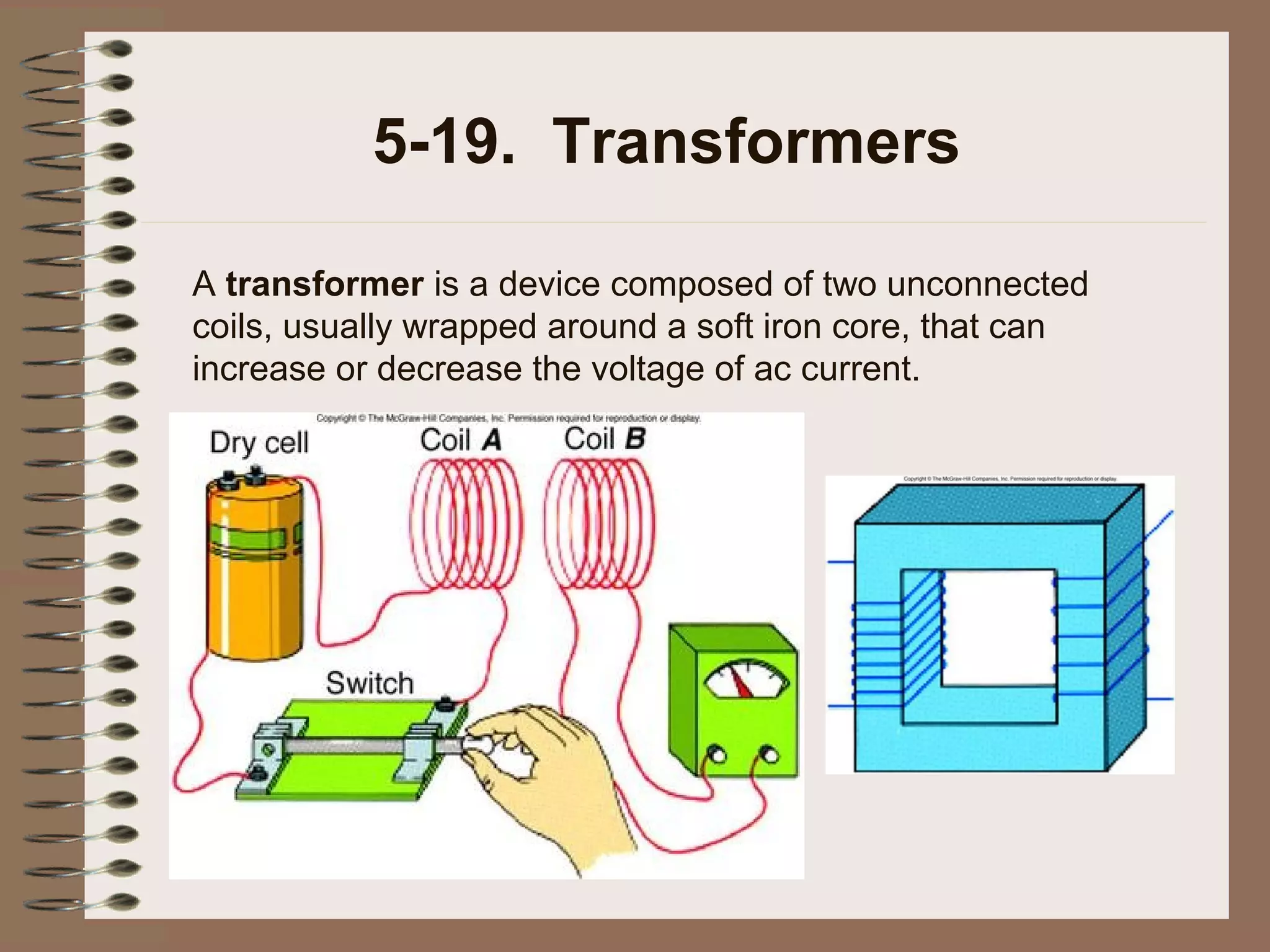 5-19. Transformers
A transformer is a device composed of two unconnected
coils, usually wrapped around a soft iron core, that can
increase or decrease the voltage of ac current.

 