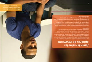 LosmedicamentoscontraelVIHpuedensereficacessise
tomansiguiendolasinstruccionesdeunproveedordeservicios
desalud.Enalgunoscasos,eltratamientopuedereducirla
presenciadelvirusenlasangre.Losefectossecundariosvarían
demedicamentoamedicamentoydeunapersonaapersona.
Trabajejuntoconsuproveedordeserviciosdesaludpara
asegurarsequeustedestátomandolosmedicamentos
adecuados.
Laeficaciadelosmedicamentosdehoyendíapuedenhacer
sentiraalgunaspersonascomosiestuvierancuradas,peroesto
noescierto.NoexisteunacuraparaelVIH.Elnotomarsu
medicamentopodríapermitirlamultiplicacióndelvirus,agravar
laenfermedadodesarrollarunaresistenciaaltratamiento.Una
vezqueestédentroenunprogramadetratamiento,
permanezcaenél.
Aprendersobrelas
opcionesdetratamiento
“Tenemosquedejarlesaber
alagentequehayopciones
yrecursoshoyendía.”
1617
 