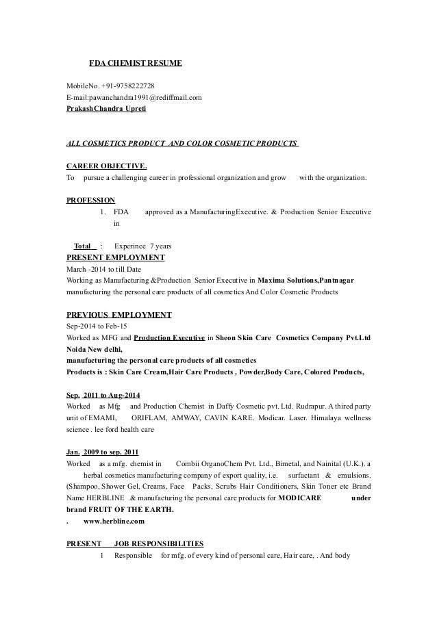 Cosmetic chemist resume