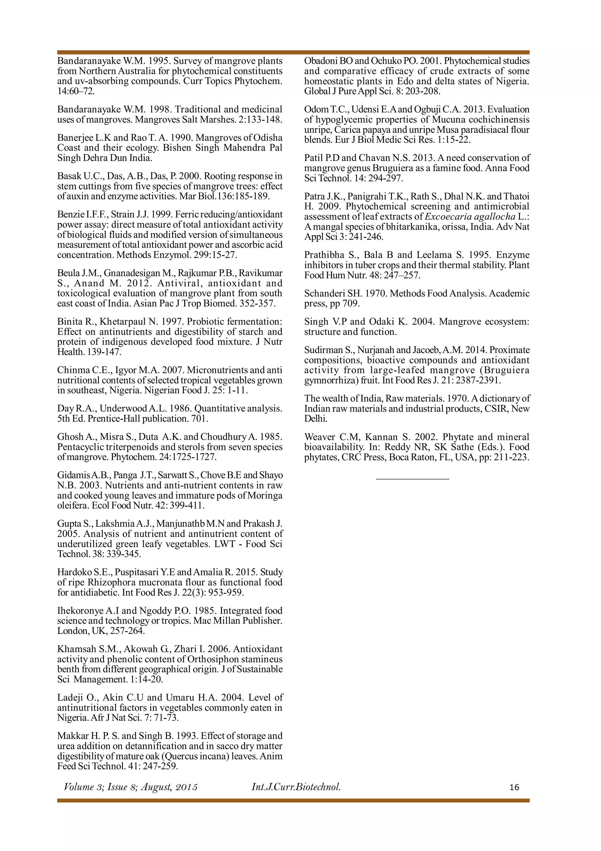 Volume 3; Issue 8; August, 2015 Int.J.Curr.Biotechnol. 16
Bandaranayake W.M. 1995. Survey of mangrove plants
from Northern Australia for phytochemical constituents
and uv-absorbing compounds. Curr Topics Phytochem.
14:60–72.
Bandaranayake W.M. 1998. Traditional and medicinal
uses of mangroves. Mangroves Salt Marshes. 2:133-148.
Banerjee L.K and RaoT. A. 1990. Mangroves of Odisha
Coast and their ecology. Bishen Singh Mahendra Pal
Singh Dehra Dun India.
Basak U.C., Das, A.B., Das, P. 2000. Rooting response in
stem cuttings from five species of mangrove trees: effect
ofauxin and enzyme activities. Mar Biol.136:185-189.
BenzieI.F.F., Strain J.J. 1999. Ferricreducing/antioxidant
power assay: direct measure of total antioxidant activity
ofbiological fluids and modified version ofsimultaneous
measurement of total antioxidant power and ascorbic acid
concentration. Methods Enzymol. 299:15-27.
Beula J.M., Gnanadesigan M., Rajkumar P.B., Ravikumar
S., Anand M. 2012. Antiviral, antioxidant and
toxicological evaluation of mangrove plant from south
east coast of India. Asian Pac J Trop Biomed. 352-357.
Binita R., Khetarpaul N. 1997. Probiotic fermentation:
Effect on antinutrients and digestibility of starch and
protein of indigenous developed food mixture. J Nutr
Health.139-147.
Chinma C.E., Igyor M.A. 2007. Micronutrients and anti
nutritional contents of selected tropical vegetables grown
in southeast, Nigeria. Nigerian Food J. 25: 1-11.
DayR.A., UnderwoodA.L. 1986. Quantitative analysis.
5th Ed. Prentice-Hall publication. 701.
Ghosh A., Misra S., Duta A.K. and ChoudhuryA. 1985.
Pentacyclic triterpenoids and sterols from seven species
ofmangrove. Phytochem. 24:1725-1727.
GidamisA.B., Panga J.T.,Sarwatt S.,ChoveB.E andShayo
N.B. 2003. Nutrients and anti-nutrient contents in raw
and cooked young leaves and immature pods ofMoringa
oleifera. Ecol Food Nutr. 42: 399-411.
Gupta S., LakshmiaA.J., ManjunathbM.N and Prakash J.
2005. Analysis of nutrient and antinutrient content of
underutilized green leafy vegetables. LWT - Food Sci
Technol. 38: 339-345.
HardokoS.E., PuspitasariY.E andAmalia R. 2015. Study
of ripe Rhizophora mucronata flour as functional food
for antidiabetic. Int Food Res J. 22(3): 953-959.
Ihekoronye A.I and Ngoddy P.O. 1985. Integrated food
science and technologyor tropics. Mac Millan Publisher.
London, UK, 257-264.
Khamsah S.M., Akowah G., Zhari I. 2006. Antioxidant
activity and phenolic content of Orthosiphon stamineus
benth from different geographical origin. J ofSustainable
Sci Management. 1:14-20.
Ladeji O., Akin C.U and Umaru H.A. 2004. Level of
antinutritional factors in vegetables commonly eaten in
Nigeria.Afr J Nat Sci. 7: 71-73.
Makkar H. P. S. and Singh B. 1993. Effect of storage and
urea addition on detannification and in sacco dry matter
digestibilityof mature oak (Quercus incana) leaves.Anim
Feed SciTechnol. 41: 247-259.
Obadoni BO and OchukoPO. 2001. Phytochemical studies
and comparative efficacy of crude extracts of some
homeostatic plants in Edo and delta states of Nigeria.
Global J PureAppl Sci. 8: 203-208.
OdomT.C., Udensi E.Aand Ogbuji C.A. 2013. Evaluation
of hypoglycemic properties of Mucuna cochichinensis
unripe, Carica papaya and unripe Musa paradisiacal flour
blends. Eur J Biol Medic Sci Res. 1:15-22.
Patil P.D and Chavan N.S. 2013. A need conservation of
mangrove genus Bruguiera as a famine food. Anna Food
SciTechnol. 14: 294-297.
Patra J.K., Panigrahi T.K., Rath S., Dhal N.K. andThatoi
H. 2009. Phytochemical screening and antimicrobial
assessment of leaf extracts of Excoecaria agallocha L.:
Amangal species of bhitarkanika, orissa, India. Adv Nat
Appl Sci 3: 241-246.
Prathibha S., Bala B and Leelama S. 1995. Enzyme
inhibitors in tuber crops and their thermal stability. Plant
Food Hum Nutr. 48: 247–257.
Schanderi SH. 1970. Methods Food Analysis. Academic
press, pp 709.
Singh V.P and Odaki K. 2004. Mangrove ecosystem:
structure and function.
Sudirman S., Nurjanah and Jacoeb,A.M. 2014. Proximate
compositions, bioactive compounds and antioxidant
activity from large-leafed mangrove (Bruguiera
gymnorrhiza) fruit. Int Food Res J. 21: 2387-2391.
The wealth of India, Rawmaterials. 1970. Adictionaryof
Indian raw materials and industrial products, CSIR, New
Delhi.
Weaver C.M, Kannan S. 2002. Phytate and mineral
bioavailability. In: Reddy NR, SK Sathe (Eds.). Food
phytates, CRC Press, Boca Raton, FL, USA, pp: 211-223.
 