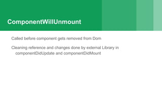ComponentWillUnmount
Called before component gets removed from Dom
Cleaning reference and changes done by external Library in
componentDidUpdate and componentDidMount
 