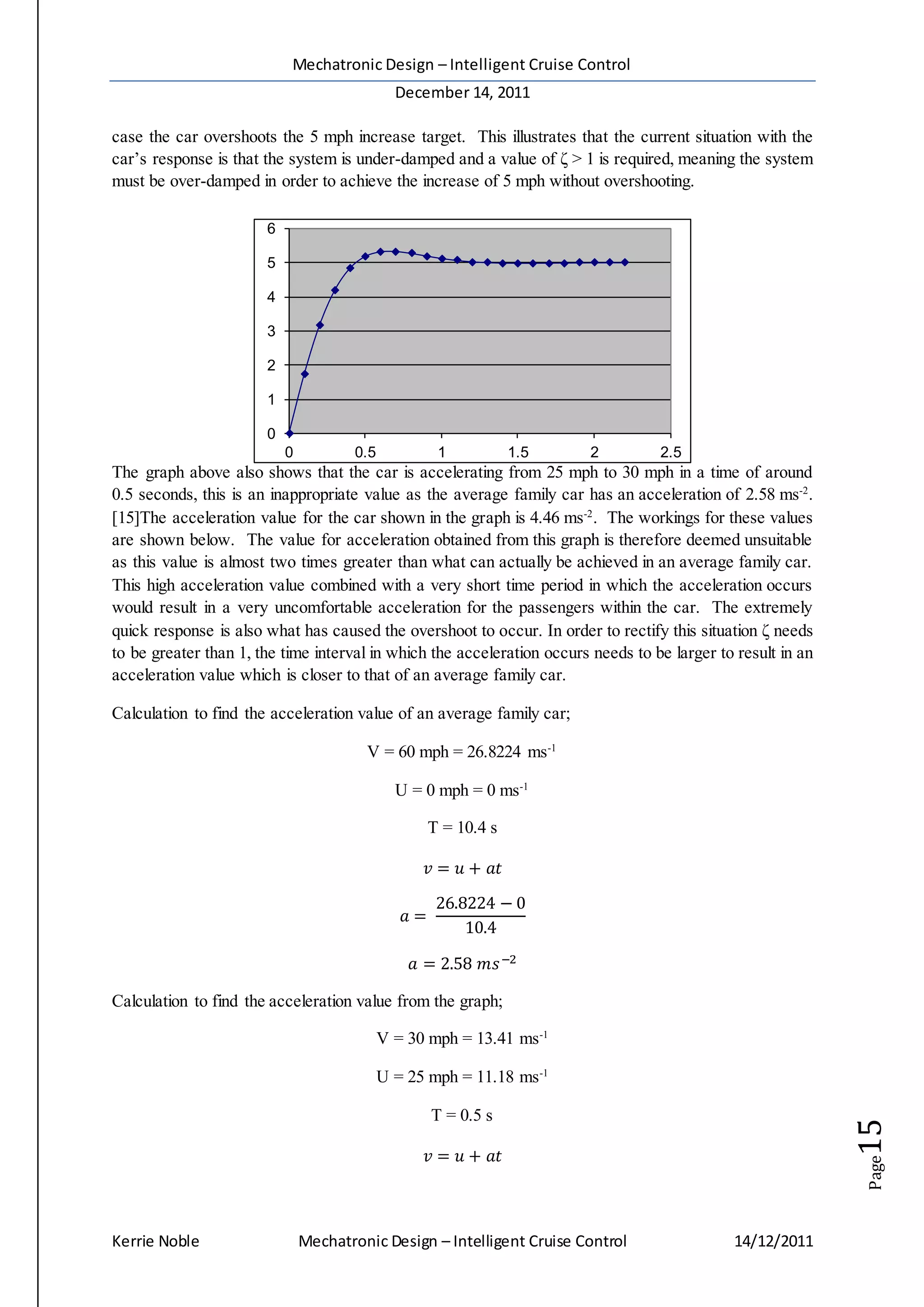 Mechatronic Design – Intelligent Cruise Control
December 14, 2011
Kerrie Noble Mechatronic Design – Intelligent Cruise Control 14/12/2011
Page15
0
1
2
3
4
5
6
0 0.5 1 1.5 2 2.5
case the car overshoots the 5 mph increase target. This illustrates that the current situation with the
car’s response is that the system is under-damped and a value of ζ > 1 is required, meaning the system
must be over-damped in order to achieve the increase of 5 mph without overshooting.
The graph above also shows that the car is accelerating from 25 mph to 30 mph in a time of around
0.5 seconds, this is an inappropriate value as the average family car has an acceleration of 2.58 ms-2
.
[15]The acceleration value for the car shown in the graph is 4.46 ms-2
. The workings for these values
are shown below. The value for acceleration obtained from this graph is therefore deemed unsuitable
as this value is almost two times greater than what can actually be achieved in an average family car.
This high acceleration value combined with a very short time period in which the acceleration occurs
would result in a very uncomfortable acceleration for the passengers within the car. The extremely
quick response is also what has caused the overshoot to occur. In order to rectify this situation ζ needs
to be greater than 1, the time interval in which the acceleration occurs needs to be larger to result in an
acceleration value which is closer to that of an average family car.
Calculation to find the acceleration value of an average family car;
V = 60 mph = 26.8224 ms-1
U = 0 mph = 0 ms-1
T = 10.4 s
𝑣 = 𝑢 + 𝑎𝑡
𝑎 =
26.8224 − 0
10.4
𝑎 = 2.58 𝑚𝑠−2
Calculation to find the acceleration value from the graph;
V = 30 mph = 13.41 ms-1
U = 25 mph = 11.18 ms-1
T = 0.5 s
𝑣 = 𝑢 + 𝑎𝑡
 