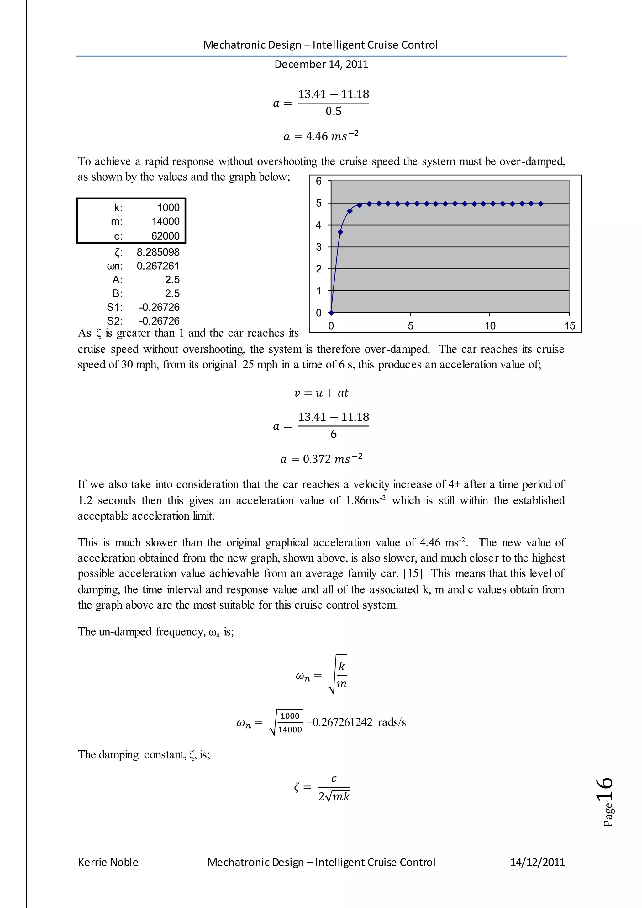 Mechatronic Design – Intelligent Cruise Control
December 14, 2011
Kerrie Noble Mechatronic Design – Intelligent Cruise Control 14/12/2011
Page16
0
1
2
3
4
5
6
0 5 10 15
𝑎 =
13.41 − 11.18
0.5
𝑎 = 4.46 𝑚𝑠−2
To achieve a rapid response without overshooting the cruise speed the system must be over-damped,
as shown by the values and the graph below;
k: 1000
m: 14000
c: 62000
ζ: 8.285098
ωn: 0.267261
A: 2.5
B: 2.5
S1: -0.26726
S2: -0.26726
As ζ is greater than 1 and the car reaches its
cruise speed without overshooting, the system is therefore over-damped. The car reaches its cruise
speed of 30 mph, from its original 25 mph in a time of 6 s, this produces an acceleration value of;
𝑣 = 𝑢 + 𝑎𝑡
𝑎 =
13.41 − 11.18
6
𝑎 = 0.372 𝑚𝑠−2
If we also take into consideration that the car reaches a velocity increase of 4+ after a time period of
1.2 seconds then this gives an acceleration value of 1.86ms-2
which is still within the established
acceptable acceleration limit.
This is much slower than the original graphical acceleration value of 4.46 ms-2
. The new value of
acceleration obtained from the new graph, shown above, is also slower, and much closer to the highest
possible acceleration value achievable from an average family car. [15] This means that this level of
damping, the time interval and response value and all of the associated k, m and c values obtain from
the graph above are the most suitable for this cruise control system.
The un-damped frequency, ωn is;
𝜔 𝑛 = √
𝑘
𝑚
𝜔 𝑛 = √
1000
14000
=0.267261242 rads/s
The damping constant, ζ, is;
𝜁 =
𝑐
2√ 𝑚𝑘
 