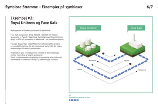 #2
Eksempel på genbrug af vand
Eksempel #2:
Royal Unibrew og Faxe Kalk
Nyttiggørelse af tilløbet grundvand til køleformål.
Faxe Kalk bortpumper årligt 400.000 - 600.000 m3 tilløbet
grundvand til Faxe Å / Køge Bugt. Samtidig bruger Royal Unibrew
årligt 16.000 m3 grundvand til køleformål i sin produktionsproces.
Foruden de gavnlige miljøeffekter forventes projektet at være
en rentabel forretning for alle involverede parter idet der spares
omkostninger til dele af pumpningen.
Projektet vil give en miljøgevinst i forhold til den betydelige
mindre indvinding af virgint grundvand.
Dertil vil det samlede energibehov til pumpning blive reduceret
svarende til en reduktion i årlig CO2
udledning på 283 tons.
Symbiose Strømme – Eksempler på symbioser 6/7
 