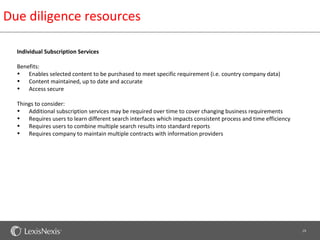 Due diligence resources

  Individual Subscription Services

  Benefits:
  • Enables selected content to be purchased to meet specific requirement (i.e. country company data)
  • Content maintained, up to date and accurate
  • Access secure

  Things to consider:
  • Additional subscription services may be required over time to cover changing business requirements
  • Requires users to learn different search interfaces which impacts consistent process and time efficiency
  • Requires users to combine multiple search results into standard reports
  • Requires company to maintain multiple contracts with information providers




                                                                                                               19
 