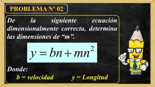 De la siguiente ecuación
dimensionalmente correcta, determina
las dimensiones de “m”.
Donde:
b = velocidad y = Longitud
2
y bn mn 
 