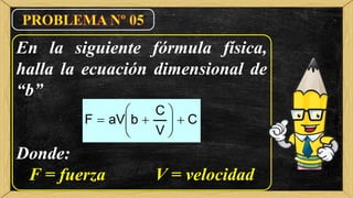 En la siguiente fórmula física,
halla la ecuación dimensional de
“b”
Donde:
F = fuerza V = velocidad
C
V
C
baVF 






 