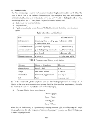 C)        The Flow Scorer
The Flow scorer assigns a score to each document based on the pleasantness of the words it has. The
score is set in view of the phonetic classification in Tamil alongside with place and manner of
articulation. Let F denote set of all files in the corpus and let f є F. Let T be the bag of words in a file f
without stop words and t є T. Let tg be the English equivalent of a Tamil word t.
     a)    ∀f є F, remove stop words and tokenize.
     b) ∀t є f,convert t to tg
     c)    ∀ tg є f, compute the flow score as the sum of the Maaththirai counts diminishing when Kurukkams
           appear.
                                             Table 1: Kurukkams and Maaththirai


               Rule                                     Context                      Final Maaththirai

               KuttriyaLukaram           One among these                         1,(Decrease is 0.5)
                                         at the end of the word

               Aukaarakkurukkam          ஔ in the beginning                      1.5,(Decrease is 0.5)

               Aikaarakkurukkam          ஐ in the beginning and middle           1.5,(Decrease is 0.5)

                                         ஐ in the end                            1,(Decrease is 1)

               Maharakkurukkam           வ before                                0.25,(Decrease is 1/4)

                                 Table 2. Phonemes under Manner of articulation


               Category                  Manner of Articulation                 Phoneme

               Greater Rough             Retroflex, Trill                       டற

               Rough                     Tap, Dental, Bilabial                  கசதபர

               Intermediate              Semivowels, Approximants               யலளழவ

               Soft                      Nasal                                  ஙஞணநமன

Let t be the Tamil word, tg be the Grapheme form and Pt be the bag of phonemes in t with p є Pt. Let
GRscore be the score of the greater rough category, Rscore be the score of the rough category, Iscore be
the intermediate score and Sscore be the score of the soft category.

     i)      Calculate GRscore, Rscore, Iscore, Sscore as

                                                         GRscore = ∑ f(p)GR .

                                                         Rscore = ∑ f(p)R .

                                                         Iscore = ∑ f(p)I .

                                                         Sscore = ∑ f(p)S .

where f(p)GR is the frequency of a greater rough category phoneme , f(p)R is the frequency of a rough
category phoneme, f(p)I is the frequency of a intermediate category phoneme and f(p)S is the frequency
of a soft category phoneme.


                                                            137
 