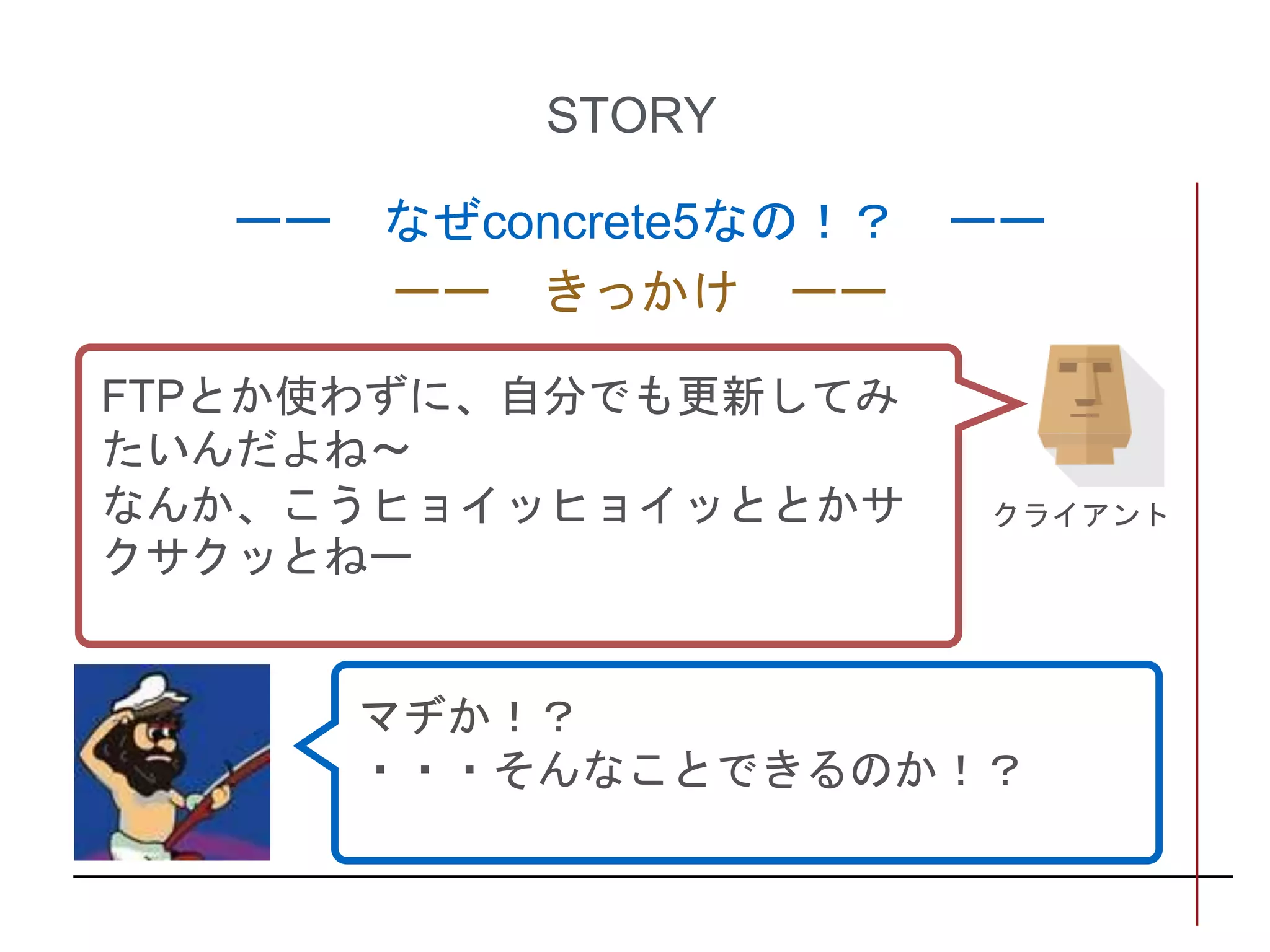 STORY
ーー なぜconcrete5なの！？ ーー
マヂか！？
・・・そんなことできるのか！？
ーー きっかけ ーー
FTPとか使わずに、自分でも更新してみ
たいんだよね〜
なんか、こうヒョイッヒョイッととかサ
クサクッとねー
クライアント
 