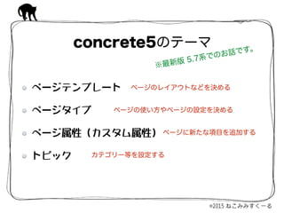 ページテンプレート  
ページタイプ  
ページ属性（カスタム属性）  
トピック
concrete5のテーマ
ページのレイアウトなどを決める
ページの使い方やページの設定を決める
ページに新たな項目を追加する
カテゴリー等を設定する
※最新版 5.7系でのお話です。
 