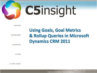 © 2000 - 2013 C5 Insight All rights reserved.
Proprietary and confidential. May not be reproduced or distributed without written permission.
Using Goals, Goal Metrics
& Rollup Queries in Microsoft
Dynamics CRM 2011
 
