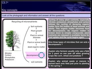 Look at the photograph and information and answer all the questions: Cycling of many plant nutrients, especially nitrates, potassium, phosphates and carbon follows the cycling of decaying organic matter form the bodies of dead animals and plants. This organic matter becomes food for decomposers. As organic matter is broken down to simpler compounds, plant nutrients are released in available forms for root uptake and the cycle begins again.  Give three types of microbes that can acts a decomposers ? Explain why farmers usually only use a field for 2 years on one year off when growing crops like corn, wheat and potatoes ? Explain why animal waste or manure is spread back onto field just prior to planting in the spring ? Recycling of micronutrients dead organic matter soil nutrients Potassium Nitrates decomposers Soil nutrients Plant growth Plant or animal biomass Plant or animal death C5.7 a Phosphates Carbon Key concepts 