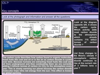 Look at the photograph and information and answer all the questions: The carbon cycle describes how carbon found in organic molecules, fossil fuels like coal and oil or in the air as carbon dioxide is cycled over time. Because humans are extracting fossil fuels like coal and oil from underground and then combusting them we are currently adding 3 billions tonnes of carbon (in CO 2 ) to the atmosphere every year. This is slowly warming our planet because the carbon dioxide molecules traps infra red energy from the sun. This effect is known as global warming. The carbon cycle Look at the diagram opposite left, it shows the carbon cycle. Which activity adds most carbon dioxide to the atmosphere which already contains 775 billion tonnes of carbon dioxide ? List three changes to the Word’s climate if atmospheric carbon dioxide continues to rise at the current rate of 3 billions tons a year ? C5.7 b Key concepts 