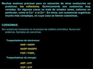 Muchas enzimas precisan para su actuación de otras sustancias no proteicas:  los cofactores . Químicamente son sustancias muy variadas. En algunos casos se trata de simples iones, cationes en particular, como el Cu ++  o el Zn ++ . En otros, son sustancias orgánicas mucho más complejas, en cuyo caso se llaman coenzimas. COENZIMAS: Son sustancias necesarias en el proceso de catálisis enzimática. Nunca son proteínas. Ejemplos de coenzimas: Trasportadoras de electrones: NAD +  / NADH NADP + /NADPH FAD +  / FADH 2 Trasportadoras de energía: ADP / ATP GDP / GTP 