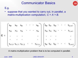 Communicator Basics E.g. suppose that you wanted to carry out, in parallel, a matrix-multiplication computation,  C  =  A × B. June - 2009 LNEC-DHA-NTI A matrix-multiplication problem that is to be computed in parallel.  