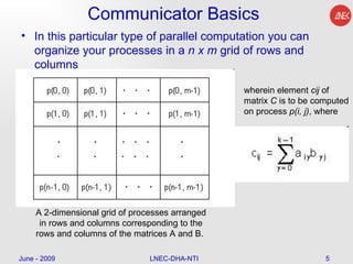 Communicator Basics In this particular type of parallel computation you can organize your processes in a  n x m  grid of rows and columns June - 2009 LNEC-DHA-NTI A 2-dimensional grid of processes arranged in rows and columns corresponding to the rows and columns of the matrices A and B.  wherein element  cij  of matrix  C  is to be computed on process  p(i, j) , where  