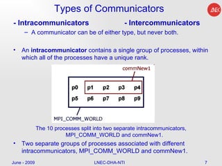 Types of Communicators - Intracommunicators - Intercommunicators A communicator can be of either type, but never both. An  intracommunicator  contains a single group of processes, within which all of the processes have a unique rank.  The 10 processes split into two separate intracommunicators, MPI_COMM_WORLD and commNew1.  Two separate groups of processes associated with different intracommunicators, MPI_COMM_WORLD and commNew1.  June - 2009 LNEC-DHA-NTI 