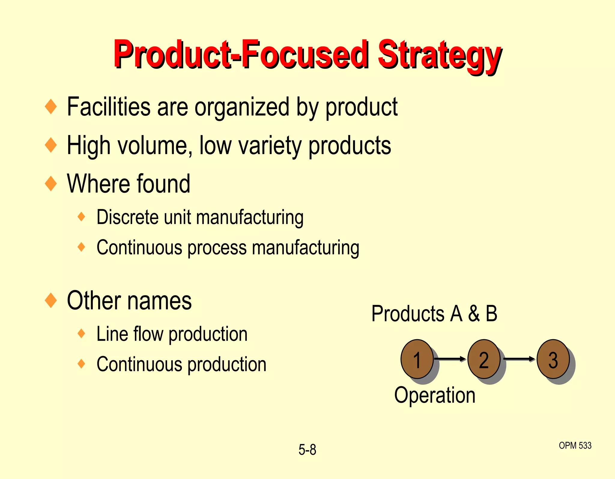 Product-Focused Strategy 5- OPM 533 Facilities are organized by product High volume, low variety products Where found Discrete unit manufacturing Continuous process manufacturing Other names Line flow production Continuous production Operation Products A & B 1 2 3 