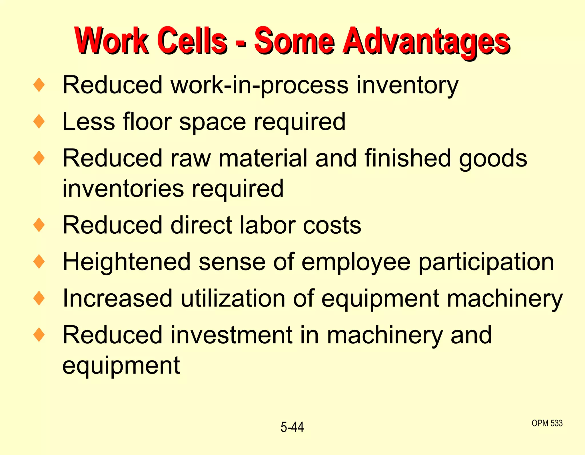 Work Cells - Some Advantages Reduced work-in-process inventory Less floor space required Reduced raw material and finished goods inventories required Reduced direct labor costs Heightened sense of employee participation Increased utilization of equipment machinery Reduced investment in machinery and equipment 5- OPM 533 