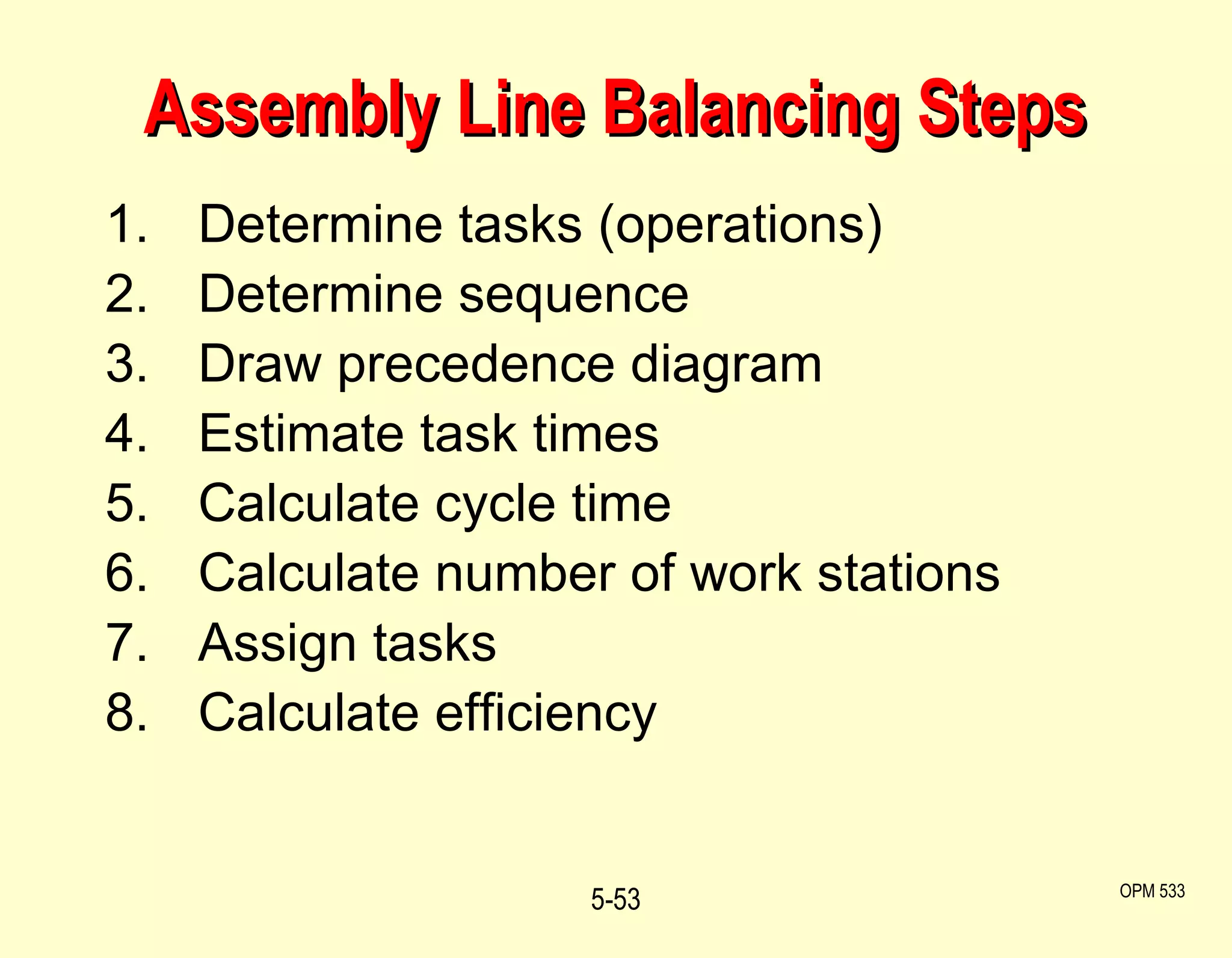 Assembly Line Balancing Steps 1. Determine tasks (operations) 2. Determine sequence 3. Draw precedence diagram 4. Estimate task times 5. Calculate cycle time  6. Calculate number of work stations 7. Assign tasks  8. Calculate efficiency 5- OPM 533 