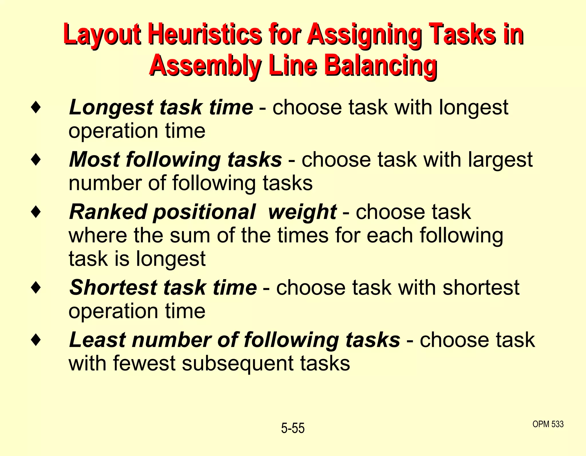 Layout Heuristics for Assigning Tasks in Assembly Line Balancing Longest task time  - choose task with longest operation time Most following tasks  - choose task with largest number of following tasks Ranked positional  weight   - choose task where the sum of the times for each following task is longest Shortest task time  - choose task with shortest operation time Least number of following tasks  - choose task with fewest subsequent tasks 5- OPM 533 