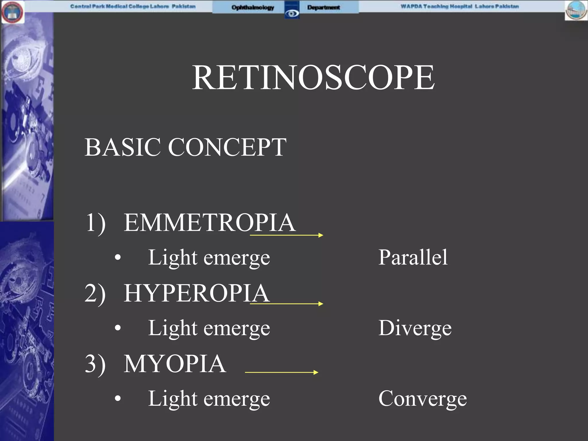 RETINOSCOPE
BASIC CONCEPT
1) EMMETROPIA
• Light emerge Parallel
2) HYPEROPIA
• Light emerge Diverge
3) MYOPIA
• Light emerge Converge
 