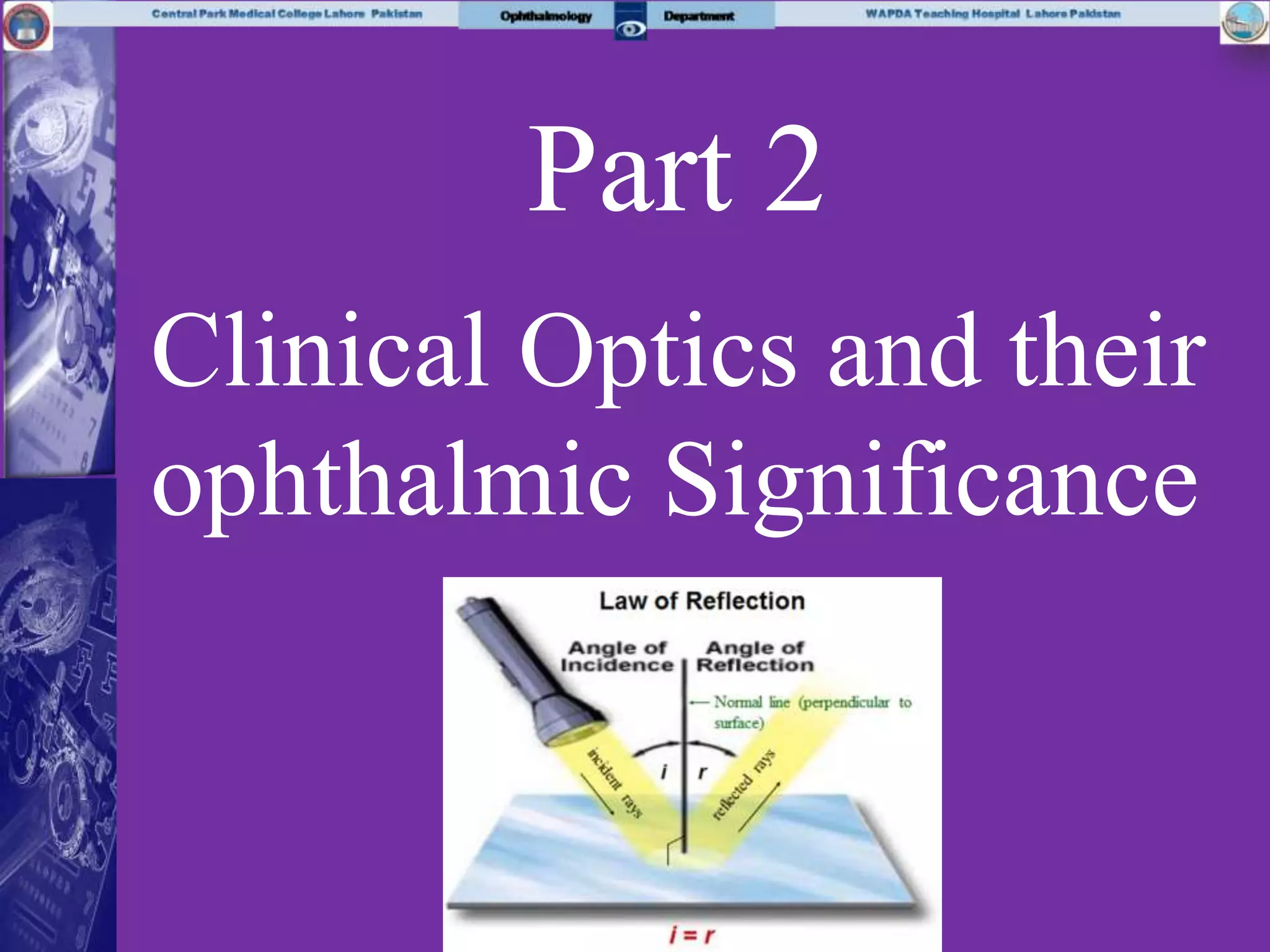 Part 2
Clinical Optics and their
ophthalmic Significance
 