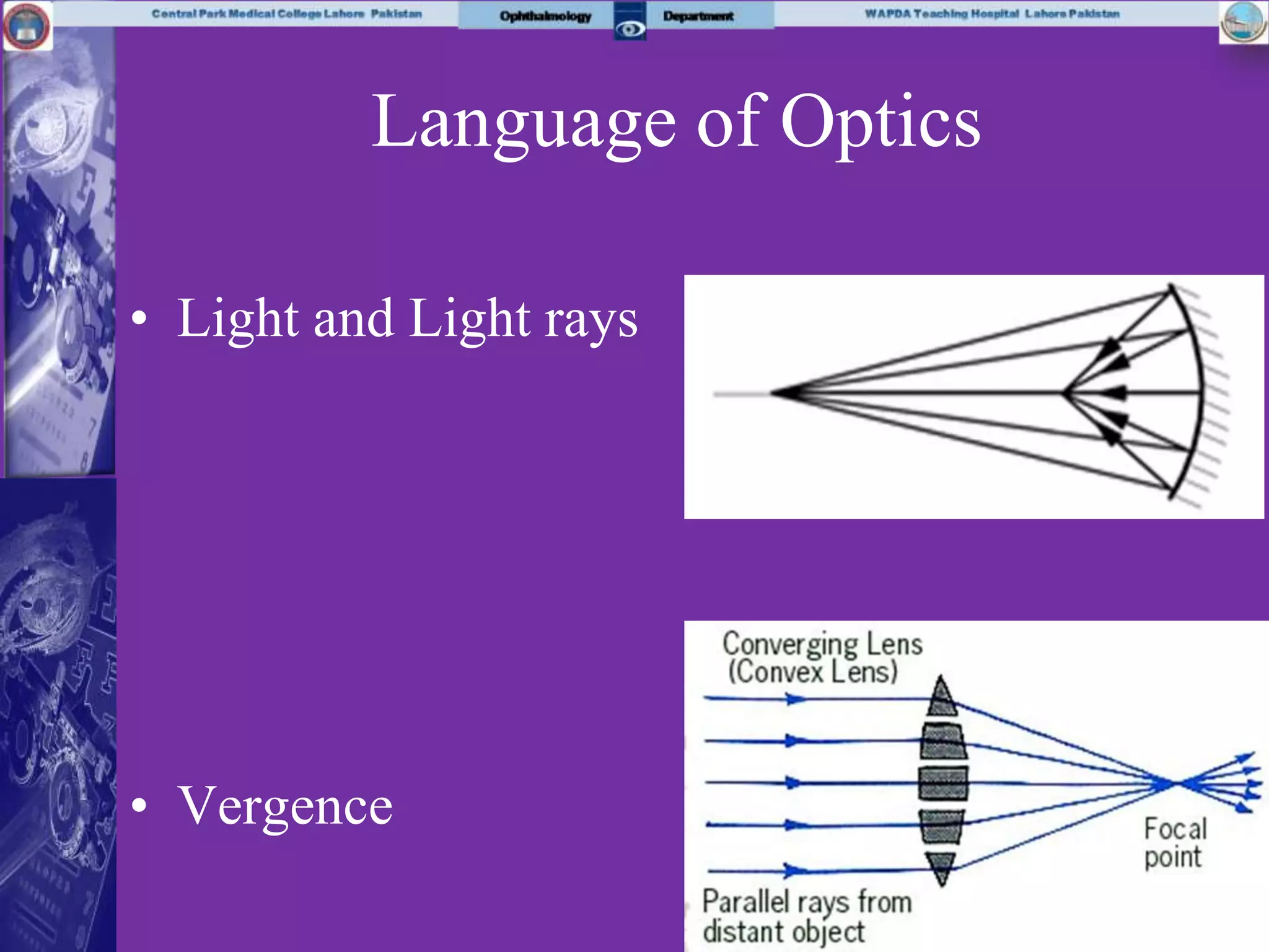 Language of Optics
• Light and Light rays
• Vergence
 