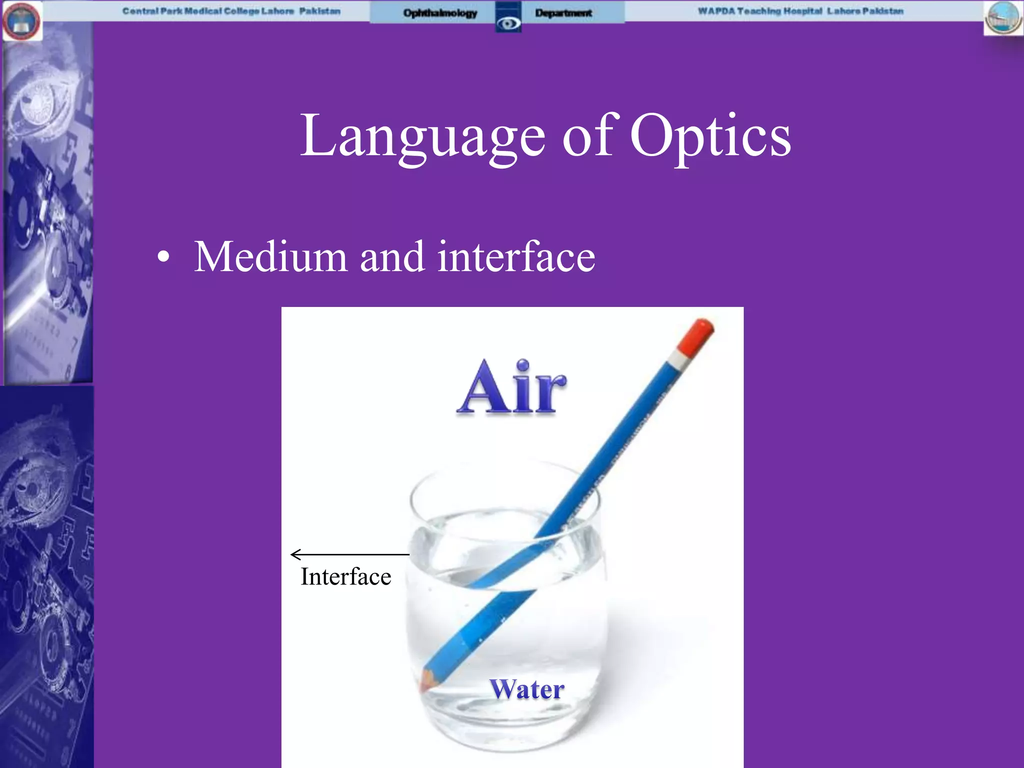 Language of Optics
• Medium and interface
Interface
 