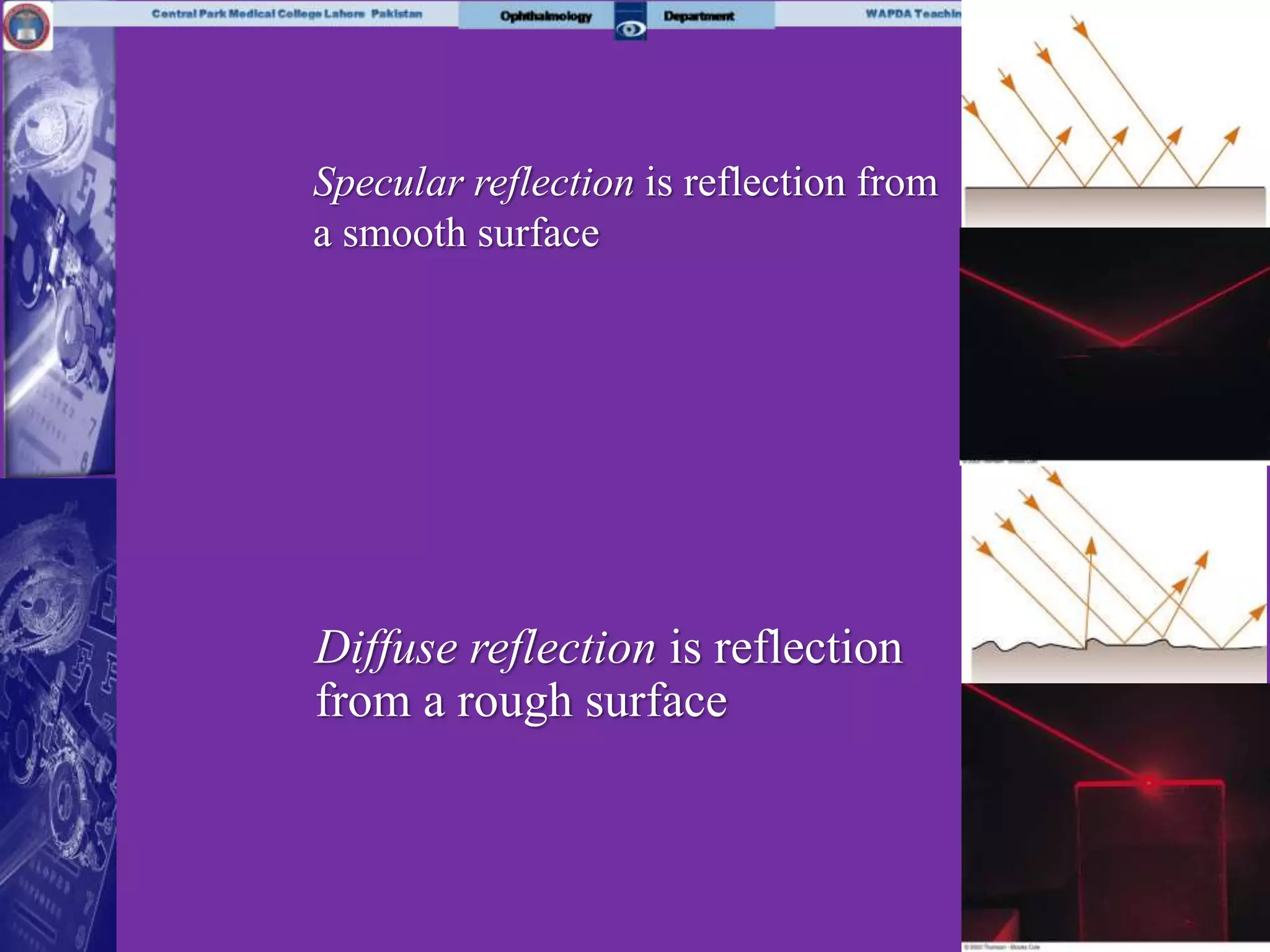 Diffuse reflection is reflection
from a rough surface
Specular reflection is reflection from
a smooth surface
 