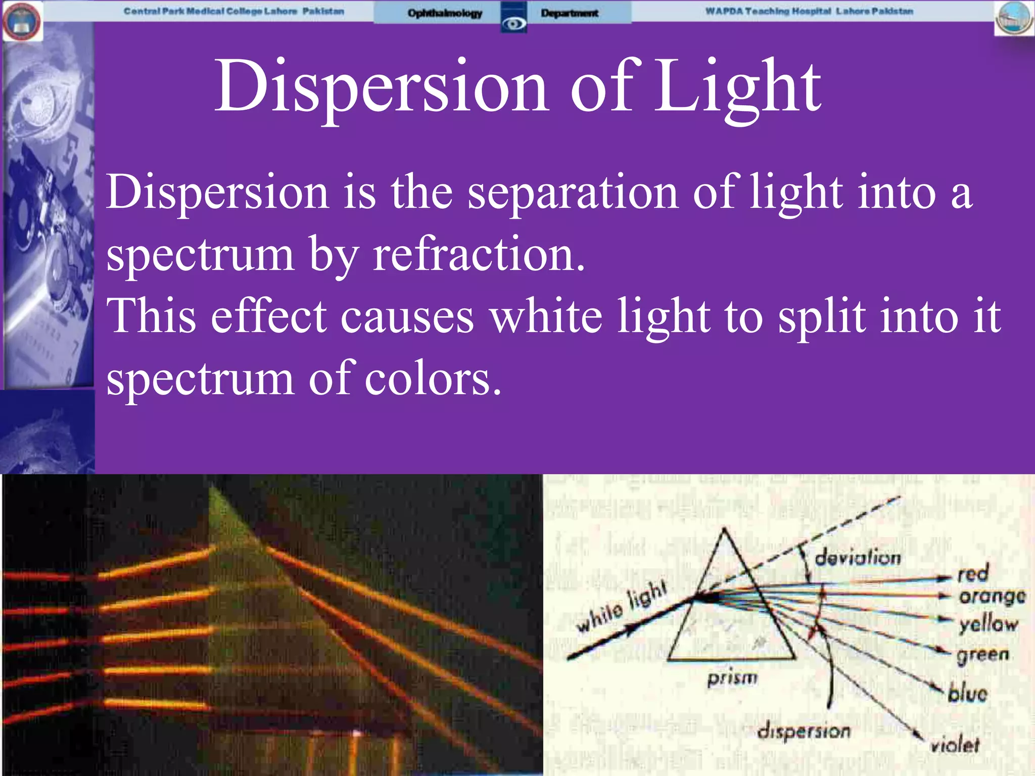 Dispersion of Light
Dispersion is the separation of light into a
spectrum by refraction.
This effect causes white light to split into it
spectrum of colors.
 