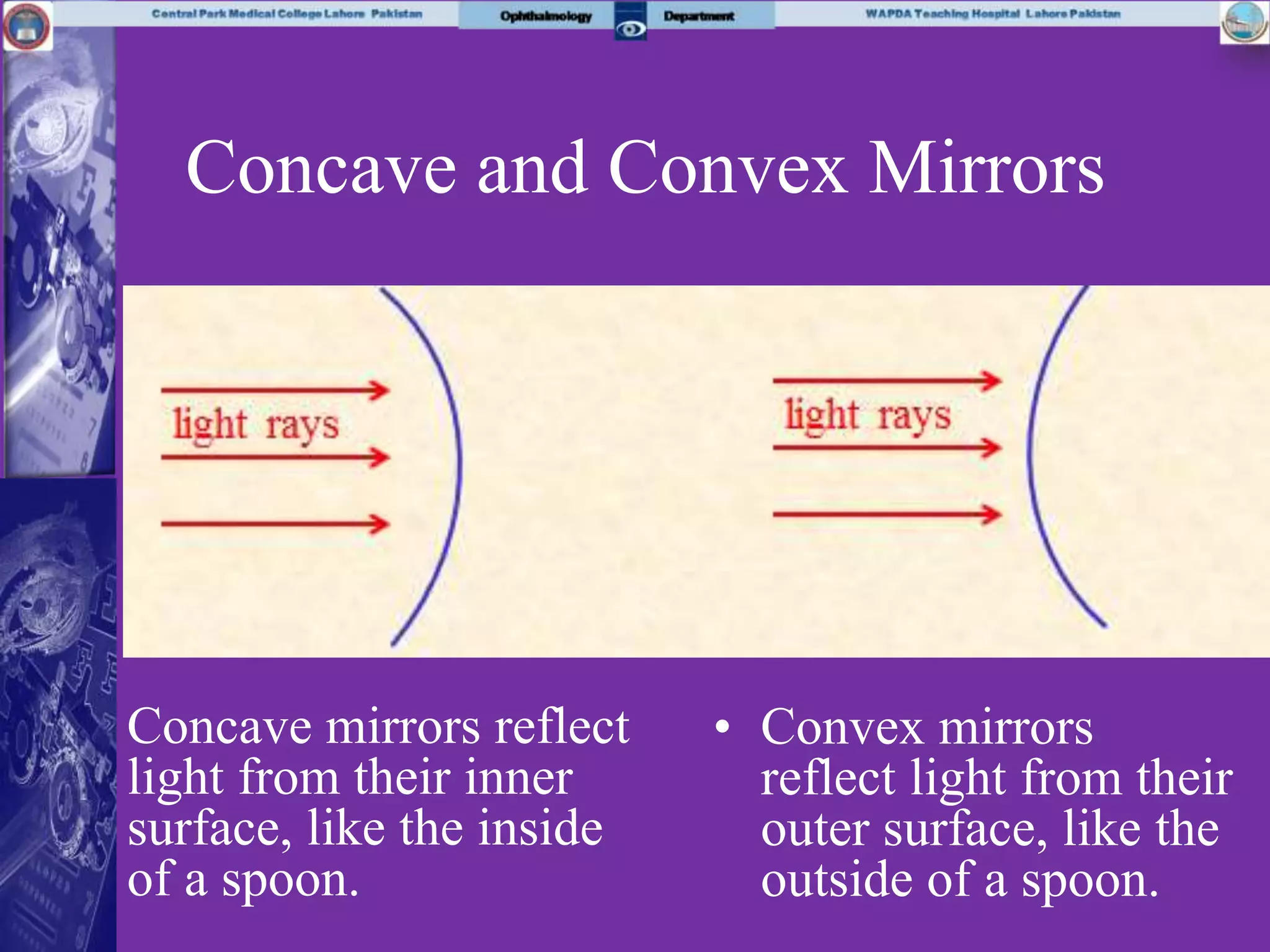 Concave and Convex Mirrors
Concave mirrors reflect
light from their inner
surface, like the inside
of a spoon.
• Convex mirrors
reflect light from their
outer surface, like the
outside of a spoon.
 