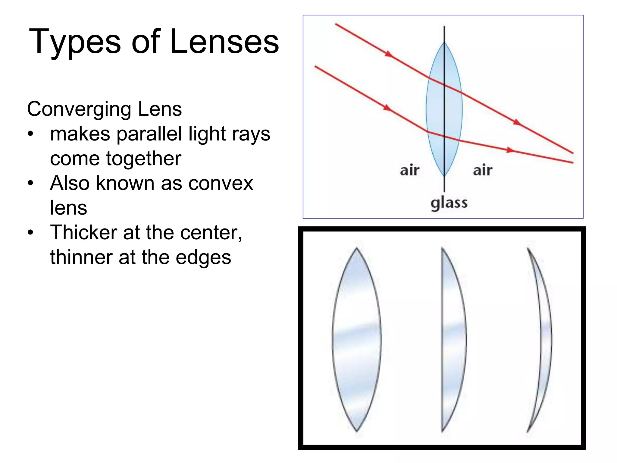 Types of Lenses
Converging Lens
• makes parallel light rays
come together
• Also known as convex
lens
• Thicker at the center,
thinner at the edges
 