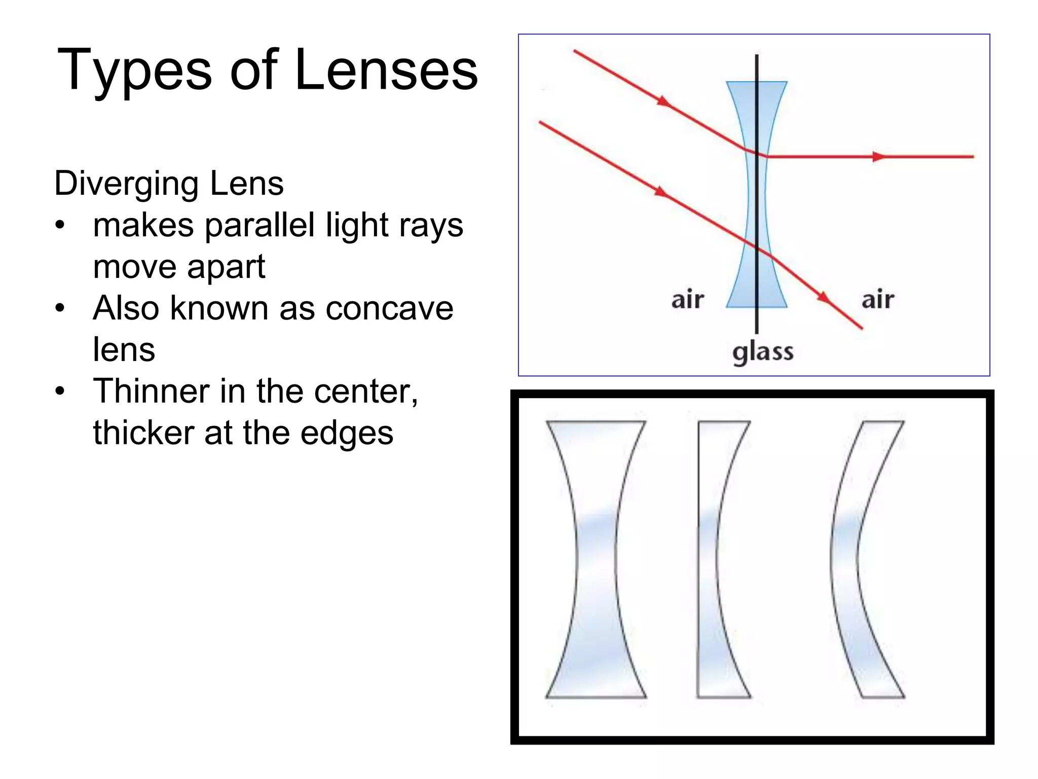Types of Lenses
Diverging Lens
• makes parallel light rays
move apart
• Also known as concave
lens
• Thinner in the center,
thicker at the edges
 