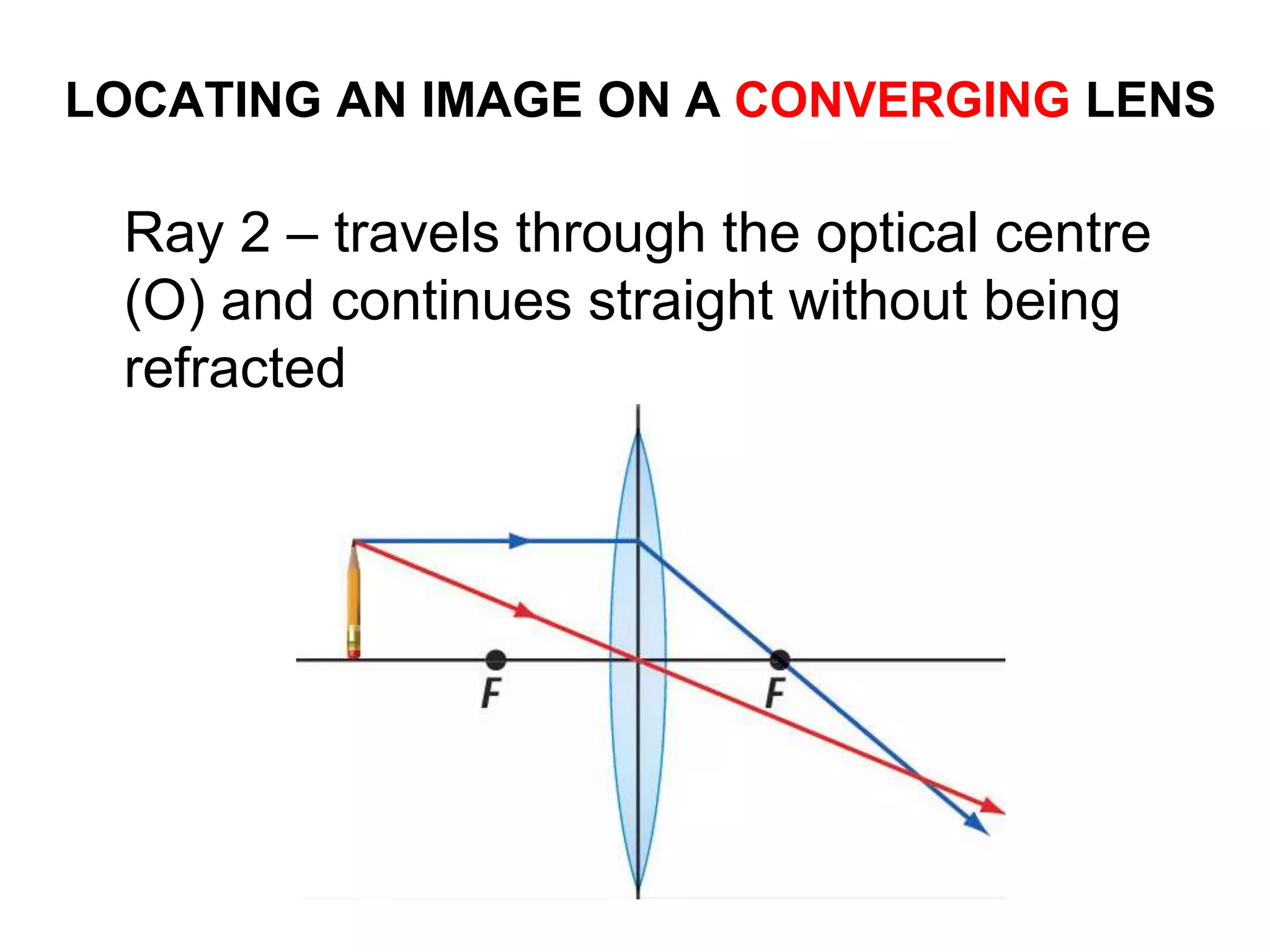 LOCATING AN IMAGE ON A CONVERGING LENS
Ray 2 – travels through the optical centre
(O) and continues straight without being
refracted
 