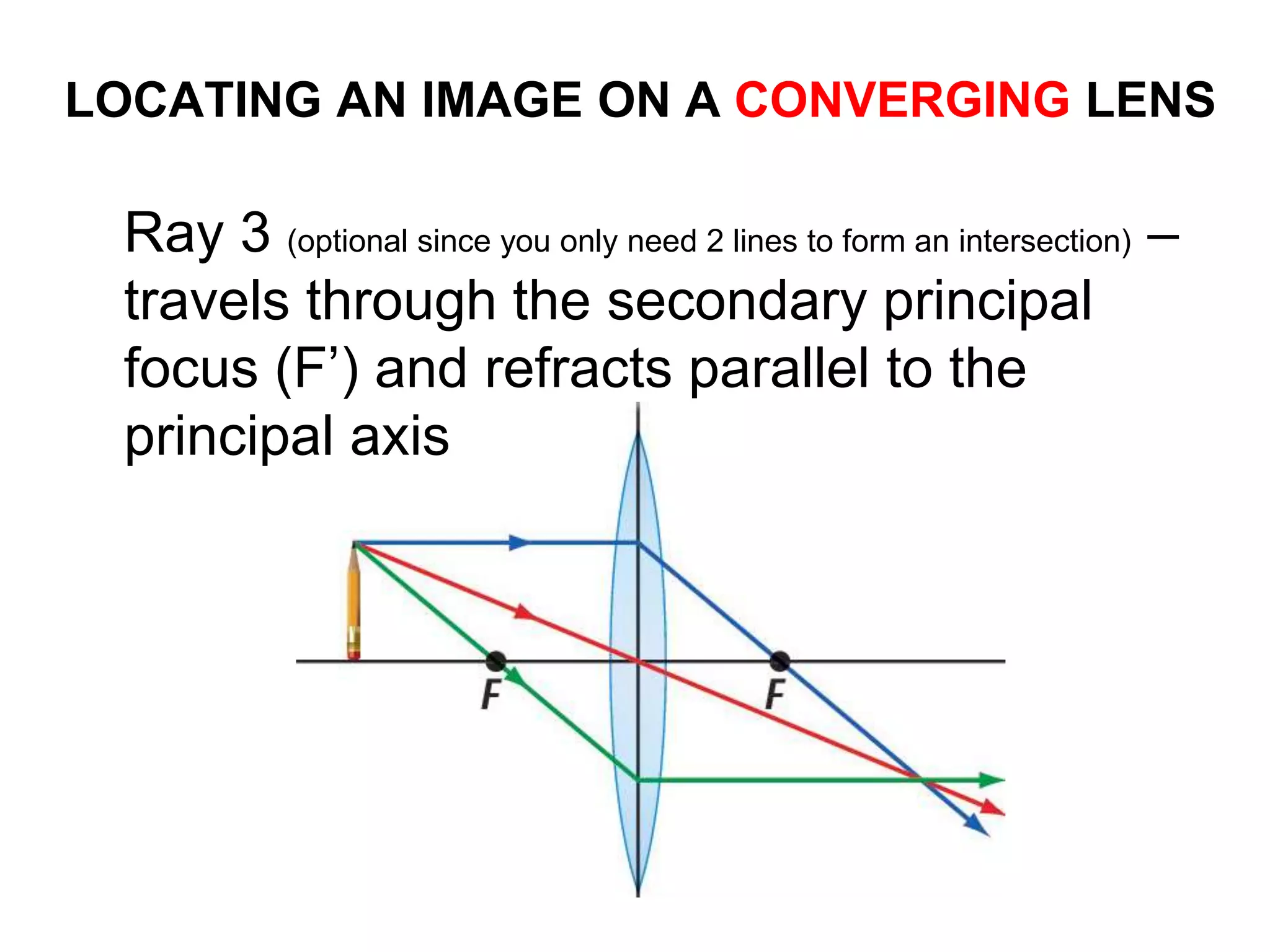 LOCATING AN IMAGE ON A CONVERGING LENS
Ray 3 (optional since you only need 2 lines to form an intersection) –
travels through the secondary principal
focus (F’) and refracts parallel to the
principal axis
 