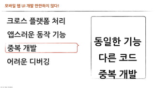 모바일웹UI개발만만하지않다!



       크로스플랫폼처리
           앱스러운동작기능
                                                               동일한기능
           중복개발
       어려운디버깅                                           다른코드
                                                                중복개발
	     	    	 
 