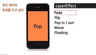 멋진레이어                  LayerEffect
효과를주고싶다
                                     Fade
                                     Flip
                                     Popin/out
                          Floating
                           Move
                            Fade
                            Pop
                             Flip    Move
                                     Floating




	    	    	 
 